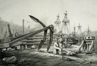 Kotvy v námořní loděnici, Ferdinand Perrot, litografie od Ferdinand Victor Perrot