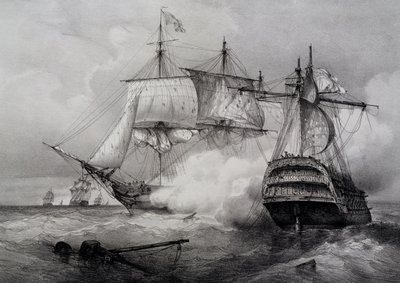 Bitva mezi americkou 74 dělovou lodí a britskou fregatou, litografie Ferdinanda Perrota od Ferdinand Victor Perrot