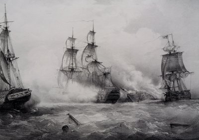 Boj mezi britskými a americkými třetími plachetnicemi se 74 děly, litografie Ferdinand Perrot od Ferdinand Victor Perrot