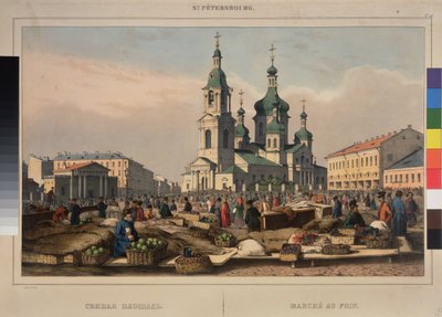 Senný trh a katedrála Nanebevzetí Matky Boží v Petrohradě. Dílo Ferdinanda Victora Perrota (1808-1841), litografie a akvarel na papíře od Ferdinand Victor Perrot