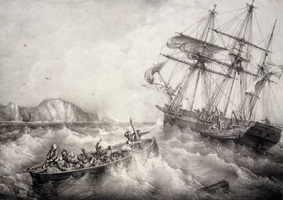 Záchrana posádky bretaňské rybářské lodi švédskou lodí Le Neptune, litografie Ferdinand Perrot od Ferdinand Victor Perrot