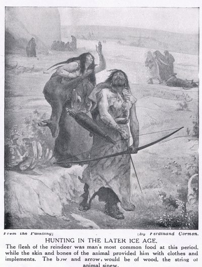 Lov v pozdější době ledové, ilustrace z „Hutchinsonových dějin národů“, kolem roku 1910 od Fernand Cormon
