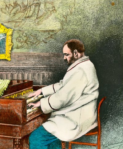 Portrét Emila Zoly (1840-1902) hrajícího na varhany. Rytina Desmoulina (19. století). Kol. Vystoupit. od Fernand Desmoulin
