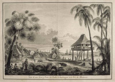 MALASPINA, Alejandro (1754-1809). Italsko-španělský mořeplavec a objevitel; BRAMBILA, Fernando (1763-1834). Malíř. Malaspinova expedice. Filipíny (1792). Vesnice Zamboanga. Kresba Fernanda Brambily. Kresba. ŠPANĚLSKO. MADRID (AUTONOMNÍ SPOLEČENSTVÍ). od Fernando Brambila