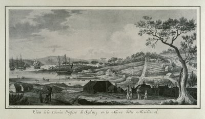 MALASPINA, Alejandro (1754-1809). Italsko-španělský mořeplavec a objevitel; BRAMBILA, Fernando (1763-1834). Malíř. Austrálie (18. stol.). Anglická kolonie Nový Jižní Wales. Kresba Fernanda Brambily ilustrující vědeckou expedici Alejandra Mala. od Fernando Brambila