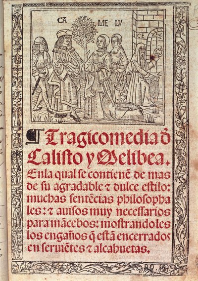 Miniatura na pergamenu na obálce Celestiny aneb Tragikomedie Callisto a Melibei, vydané v r. od Fernando de Rojas