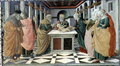 Prezentace v chrámu, panel předella k oltáři Narození Páně v Museo Civico od Filippino (and workshop) Lippi