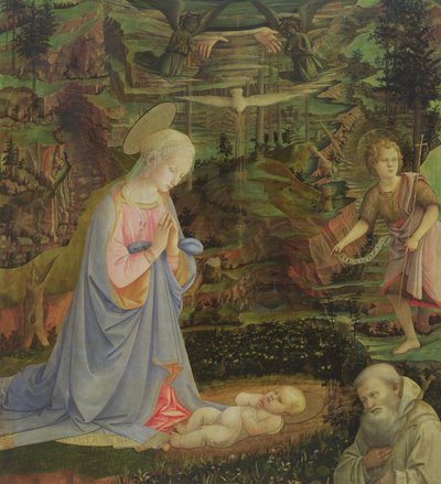 Klanění dítěte s nemluvnětem svatým Janem a svatým Romualdem (tempera na panelu) od Filippino Lippi
