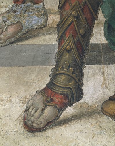 Saint Philip Driving Dragon z chrámu Hieropolis od Filippino Lippi, detail obuvi, freska od Filippino Lippi