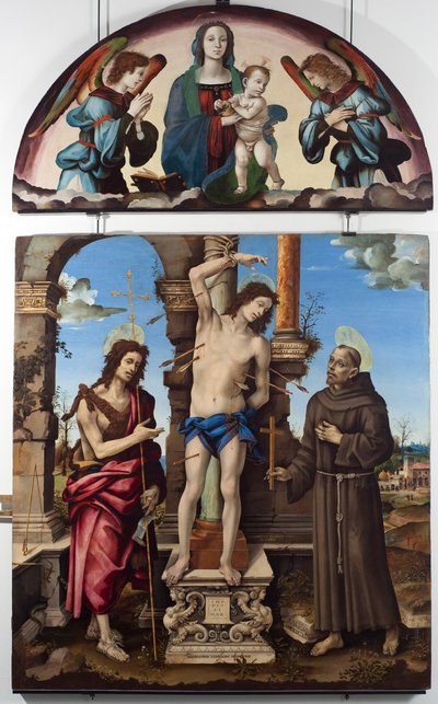Svatý Šebestián obklopený svatým Janem Křtitelem a svatým Františkem z Assisi Centrální panel. Up panna má dítě. Malba na dřevě od Filippa Lippiho (1451-1504) Rozm. 298x185 cm Musei di Strada Nuova (ex Palazzo Bianco), Genes od Filippino Lippi
