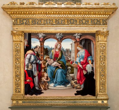 Panna s dítětem a svatý Jan Křtitel, svatý Martin a svatá Kateřina Alexandrijská. Oltář Nerli (tempera na panelu od Filippino Lippi