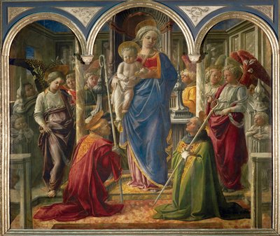 Madona s dítětem a anděly a svatí Frediano a Augustin, zvaný "Pala Barbadori"... od Filippo (workshop of) Lippi