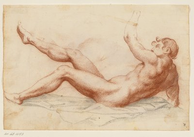 Prostrated male nude turned left leaning on his right arm and lifting his left arm and right leg up   1282627   cs       czech Successfully Translated  Original: Titelprent met opdracht aan en wapen van Cosimo II deMedici en voorstellingen van Rechtvaardig od Filippo Esegrenio