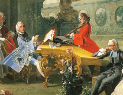 Koncert v zahradě, cca 1750, Filippo Falciatore (aktivní 1737-1768), olej na plátně, 75,8 x 102 cm. Detail. Itálie od Filippo Falciatore