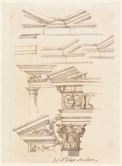 Kresba, Studie pro entablatury a fronton, asi 1770 od Filippo Marchionni