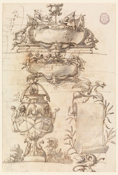 Kresba, Dvě rozety, dekorativní váza a svitek, 1750-75 od Filippo Marchionni