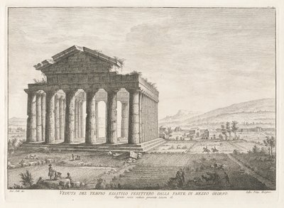 Pohled na Peripteral Hexastyle Temple z jihu, z Antichitu? z Pesto (starožitnosti Paestum) od Filippo Morghen