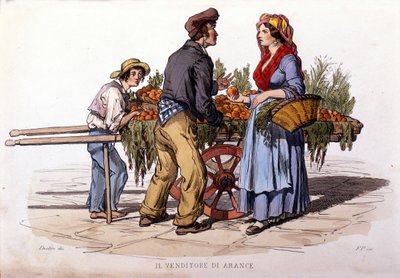 Kleingewerbe z města Neapol: chodící prodavač pomerančů. Rytina podle obrazu F. Palizzy. Z díla Francesca de Bourcard „“ Costumi del regno di Napoli““ od Filippo Palizzi