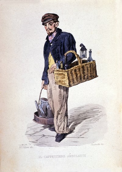 Malý podnik města Neapol: „caffettiere“, neapolský obchodník s kávou. Rytina podle obrazu F. Palizzy. Z díla Francesca de Bourcard „“ Costumi del regno di Napoli““ od Filippo Palizzi