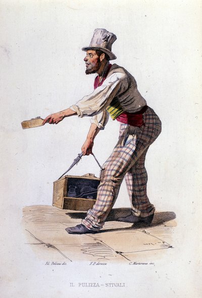 Malý podnik města Neapol: čistič bot. Rytina podle obrazu F. Palizzy. Z díla Francesca de Bourcard „“ Costumi del regno di Napoli““ od Filippo Palizzi