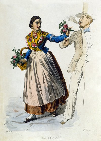 Malý podnik města Neapol: mladá květinářka pečující o kytici elegantnímu muži. Rytina podle obrazu F. Palizzy. Z díla Francesca de Bourcard „“ Costumi del regno di Napoli““ od Filippo Palizzi