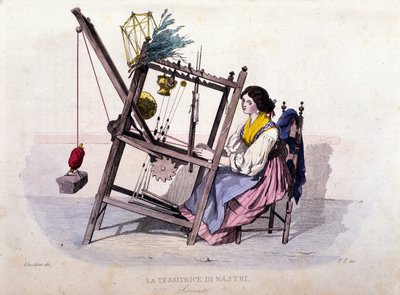 Napolin valtakunnan pienyritys: nuori nainen Sorrentosta kutomassa nauhoja. Kaiverrus F. Palizzan maalauksen jälkeen. Francesco de Bourcardin teoksesta "" Costumi del regno di Napoli"" od Filippo Palizzi