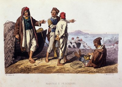 Malý metier Neapolského království: námořníci a rybáři. Rytina podle obrazu F. Palizzy. Z díla Francesca de Bourcard „“ Costumi del regno di Napoli““ od Filippo Palizzi