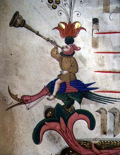 Misál 515 f.9r Figura troubící na roh, upevněná na zapřaženém ptáčkovi, detail ozdobného okraje ze Sborové knihy provedené před rokem 1449 (detail 88907) od Filippo di Matteo Torelli