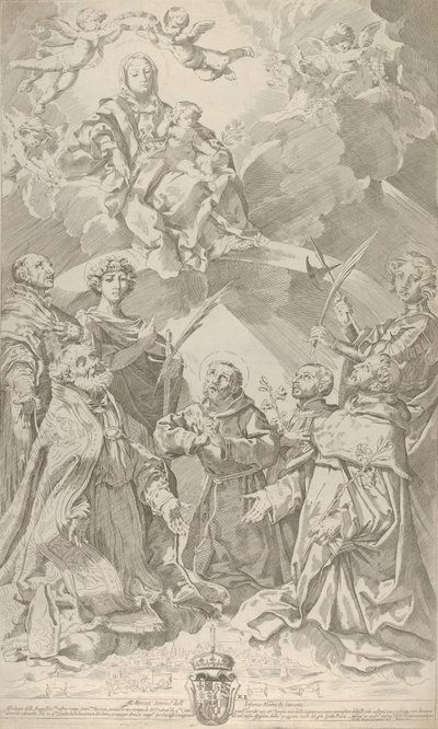 Svatí patroni Boloně hledí vzhůru na Pannu, která sedí v oblacích s..., 1640-50. od Flaminio Torre