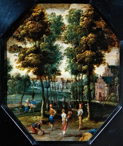 Scéna z Kermesse ve vesnici poblíž řeky (olej na mědi, osmihranná) od Flemish School