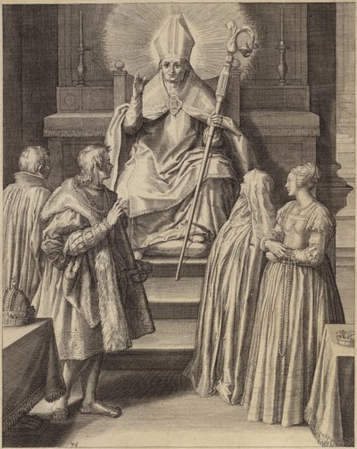 Postava v biskupském rouchu sedí na trůnu se svatozáří vycházející z jeho hlavy od Flemish School