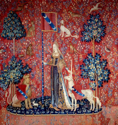 Mladá žena obklopená lvem, jednorožcem, opicí, králíky) - Vlněná a hedvábná tapiserie z let 1484 až 1500, ze zámku Boussac, Creuse. Ne. 3,7x4,7 m - Paříž, Musée national du Moyen Ages, Thermes de Cluny - Alegorie doteku (Le Touch od Flemish School