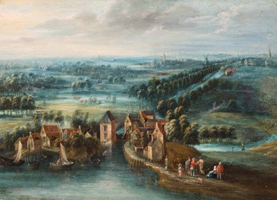 Rozsáhlá krajina s vesnicí u řeky a postavami v popředí od Flemish School