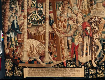 Katedrála (Seo. Ca tedral Spasitele ze Zaragozy). Muzeum gobelínů. Vlámský gobelín. Legenda o svatém kříži (The legend of the Holy Cross, of legend of the Holy Cross). Detail. Cca. 1450. 430x1120cm. od Flemish School