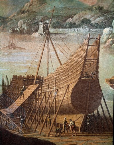 Stavba galeony v loděnici v Janově (Detail. Malba od Flemish School