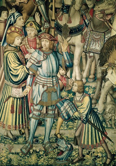 Detail ozbrojeného Urijáše Chetitského z obrazu Shromáždění jezdců, z tapiserie David a Batšeba, asi 1510-15 (viz také 98092) od Flemish School