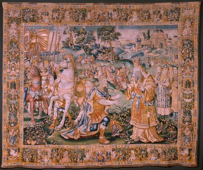 Vlámský gobelín. Alexander před veleknězem Iaddo (Alexander před veleknězem Iaddem). Ateliér Oudenaarde. Rozměry 374 x 447 cm. Inv(830-B)4 00010. 17. stol. od Flemish School