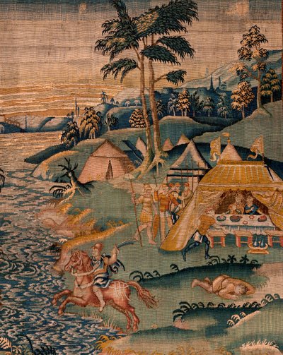 Vlámský gobelín. Vojenský tábor poblíž řeky Granikos. Ateliér Oudenaarde. Rozměry 377 x 393 cm. Inv 83104-9 /00011. 17. století. od Flemish School