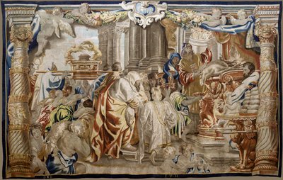 Vlámský gobelín. Řada Apoteóza eucharistie. Oběť mojžíšského zákona (Sacrificio de la Ley Mosaica). Model Cartoon zkopírovaný z originálu od Rubense. bruselská výroba. Výrobce Frans van den Hecke. Polovina 17. století. Tkanina Hedvábí a vlna, od Flemish School