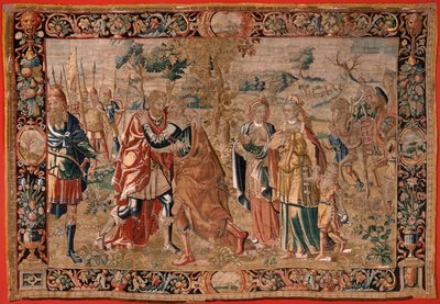 Vlámský gobelín. Řada Ezau a . Setkání Jákoba a Ezaua (Encuentro entre Jacob y Esaú). Třetí tapisérie v sérii. Výroba Nizozemsko, druhá polovina 16. století. Tkanina Vlna. Umístění Kostel svatého Mikuláše z Bari (otevřeno muzeum od Flemish School
