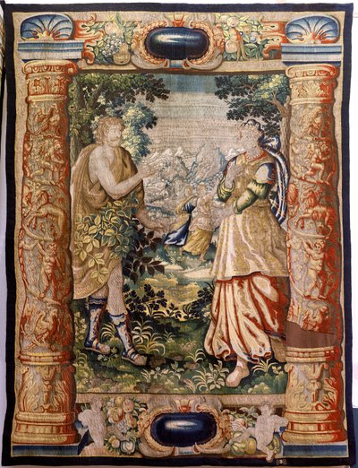 Vlámský gobelín. Řada Galantry (Galante). Galantní scéna (Escena galante). Manufacture Brussels, počátek 17. století. Tkanina Hedvábí a vlna, 5/6 osnovy na cm. Rozměr 348 x 263 cm. Umístění Kostel San Millán de la Cogolla, Oncala (Soria). Původ A donatio od Flemish School
