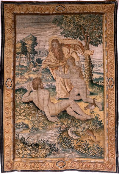Vlámský gobelín. Seriál Genesis aneb The Creation Man. Bůh vytváří ženu a představuje ji Adamovi (Dios crea a la mujer y la presenta a Adán). Model založený na Michiel Coxcie. Výroba Jan Aerst v Bruselu. Cca 1630. Látka Hedvábí a vlna. od Flemish School