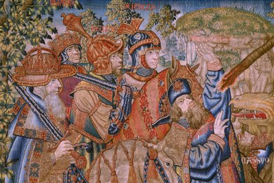 Vlámský gobelín. Seriál Morality: Ctnost vyznamenání (De deugd van de Honores, Ctnost vyznamenání). Cca 1520. Detail od Flemish School