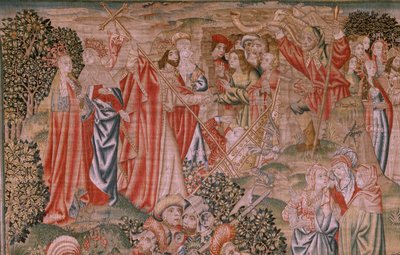 Vlámský gobelín. Seriál Vykoupení člověka aneb Neřesti a ctnosti. Vzkříšení Krista (Resurrección de Cristo). Osmý gobelín v sérii (první z těch, které se uchovávají v Burgosu). Výroba Brusel. Ca 1510. Látka Hedvábí a vlna, 7 osnov na cm. od Flemish School