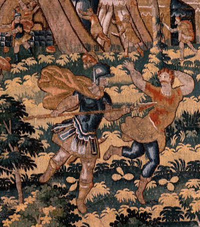 Vlámský gobelín. Seriál Příběh Cyruse. No V Boj mezi dvěma válečníky a smrt Cyruse (Combate de dos guerreros y muerte de Ciro). Anonymní, založené na Michiel Coxcie. Ateliér Antverpy. Hedvábí a vlna. Cca 1590. od Flemish School
