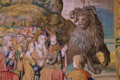 Vlámský gobelín. Seriál Apokalypsa: Svatý Michael porazil draka. Ateliér Willem Dermoyen, Brusel. Přibližně 1553-1555. Detail. od Flemish School