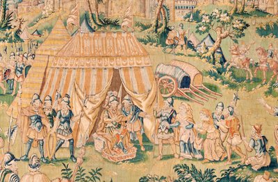 Vlámský gobelín. Série Kniha Judita. Judith před Holofernem (Judith ante Holofernes). Pátá tapisérie v sérii. Výroba Nizozemsko, Brusel(?). Druhá polovina 16. století. Tkanina Vlna. Umístění Kostel svatého Mikuláše z Bari (mus od Flemish School