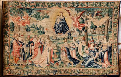Vlámský gobelín. Seriál The Hail. Salve Regina. Výroba bruselských dílen, možná výroba Marca Crétifa. Ca 1528. Rozměr 412 x 652 cm. Tkanina Hedvábí a vlna. Umístění Katedrála v Palencii. Původ Odkaz biskupa Fonseca v roce 1529. Na displa od Flemish School