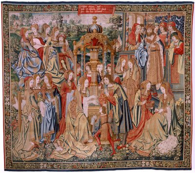 Vlámský gobelín. Seriál Historie Davida a Batšeby. Bathseba ve vaně (Betsabé en el baño sorprendida por David). První panel série. Anonymní model. Neznámá výroba, Brusel od Flemish School