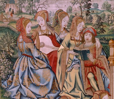 Vlámský gobelín. Seriál Historie Davida a Batšeby. Bathseba ve vaně (Betsabé en el baño sorprendida por David). První panel série. Anonymní model. Neznámá výroba, Brusel od Flemish School